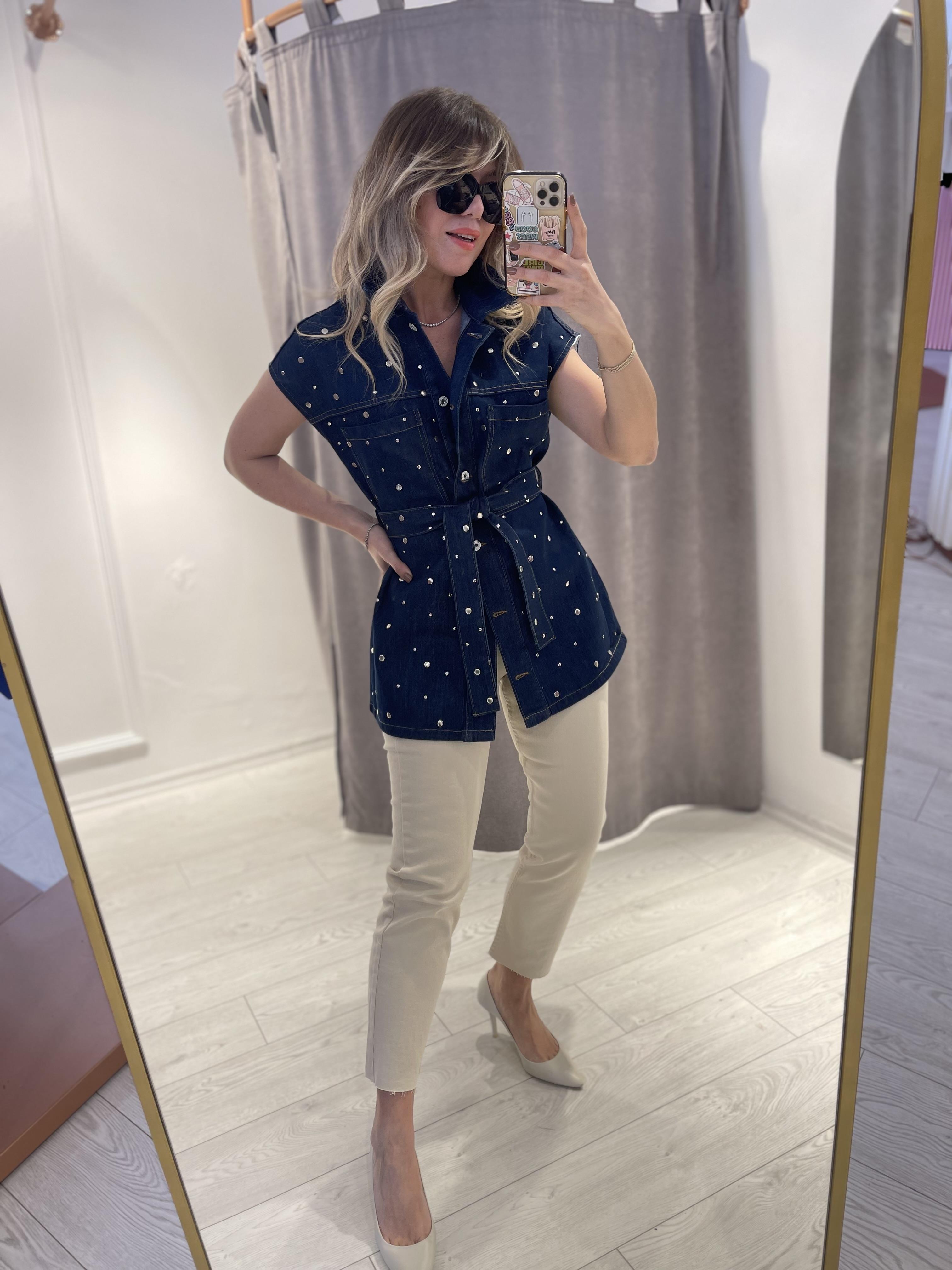 Tasarım Denim Zımbalı Bel Kuşaklı Yelek · 2