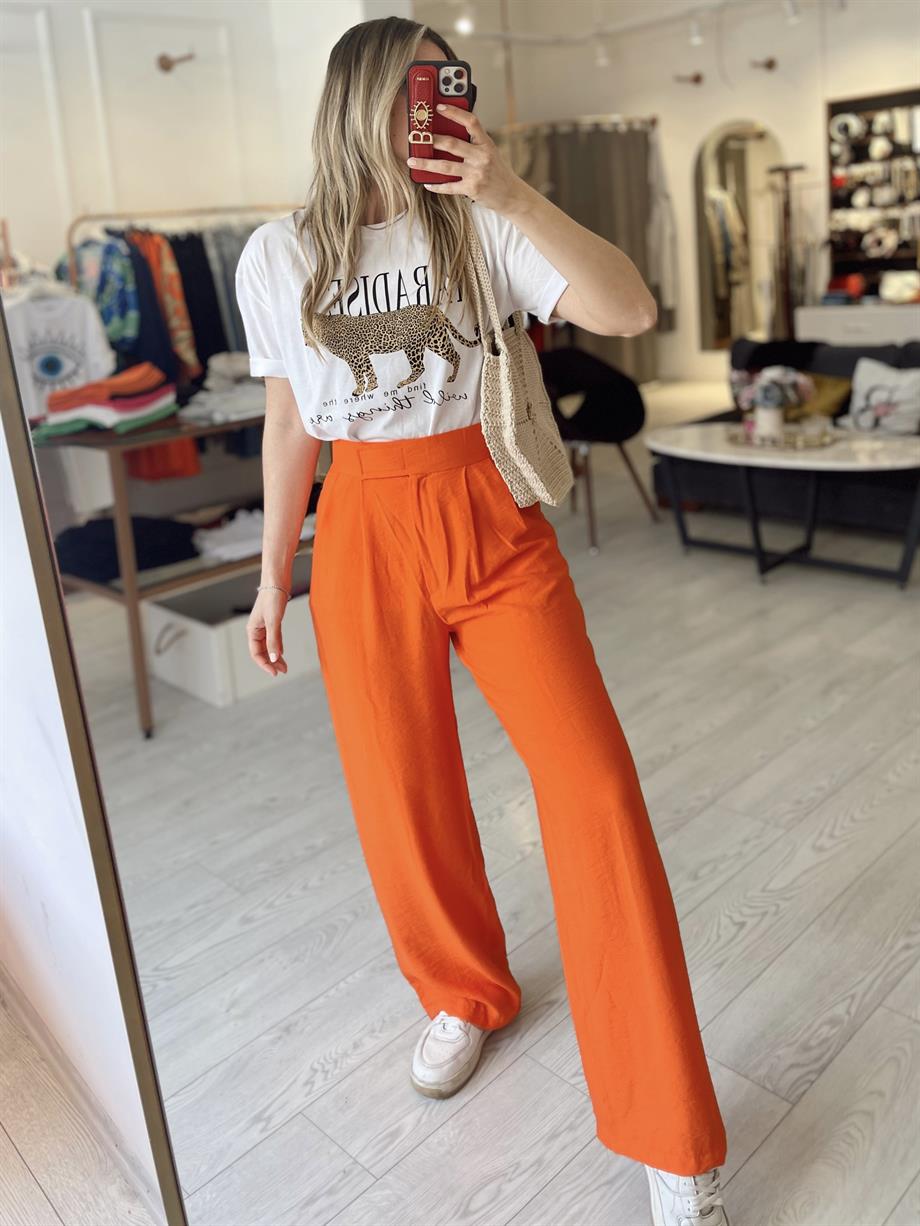 Turuncu Keten Bel Çıtçıt Kapamalı Palazzo Pantolon