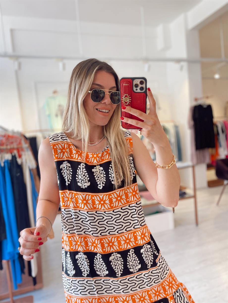 Turuncu Siyah Kolsuz Viskon Elbise