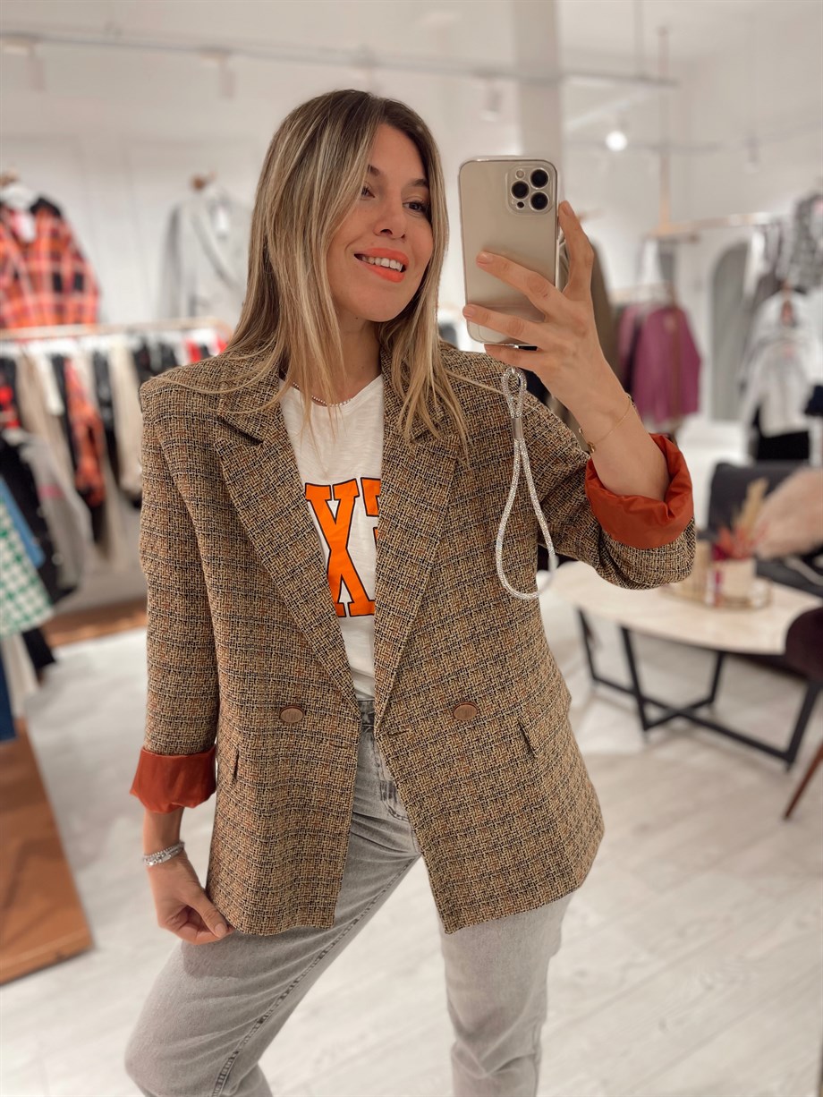 Vizon Etnik Desen Çift Düğme Blazer