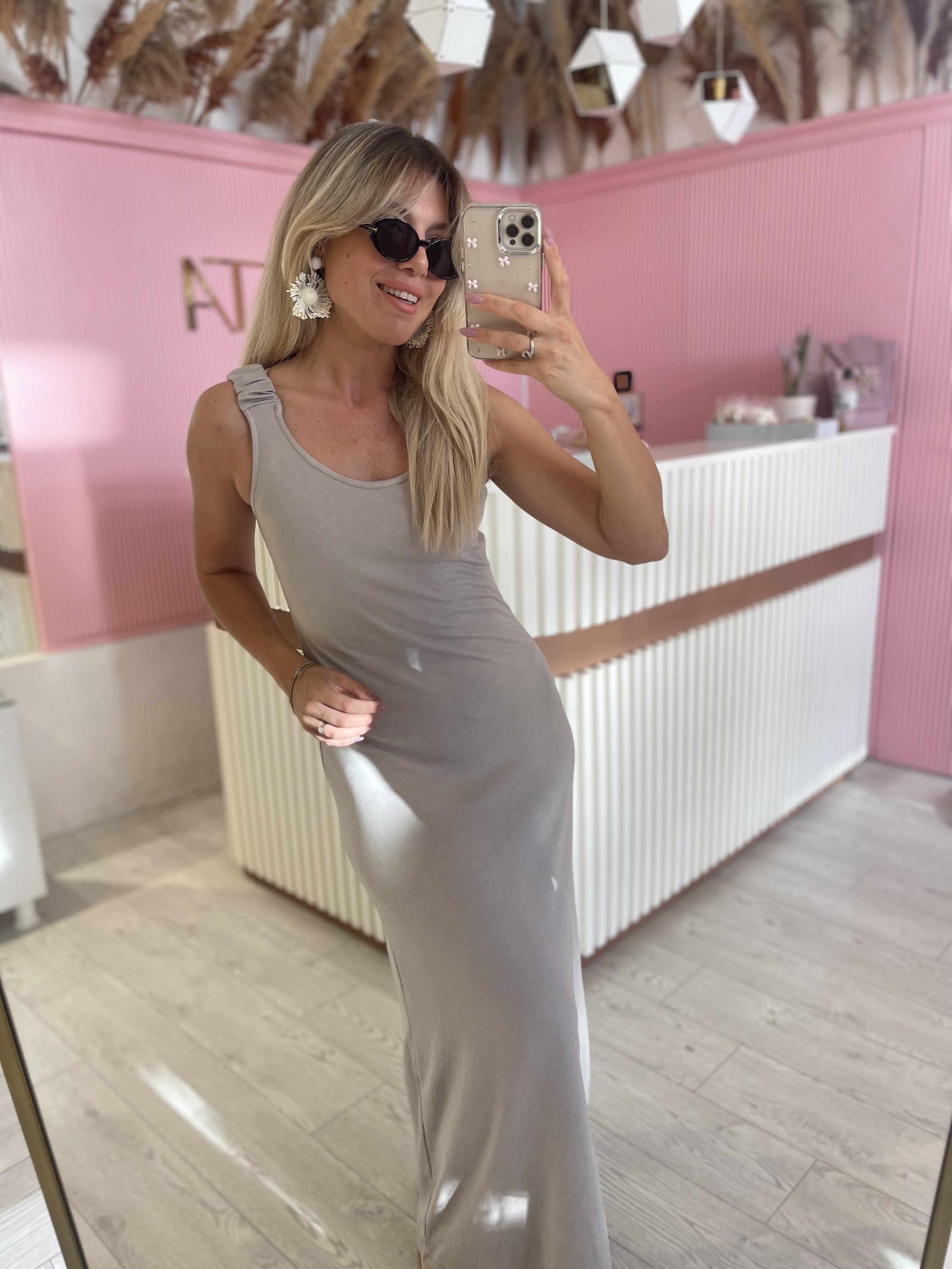 Vizon Kalın Büzgü Askılı Maxi  Elbise