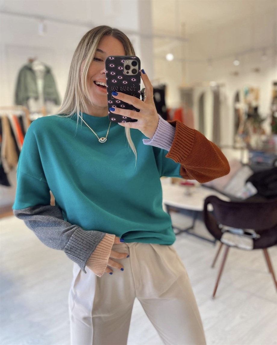 Yeşil Kol Renk Bloklu Sweat