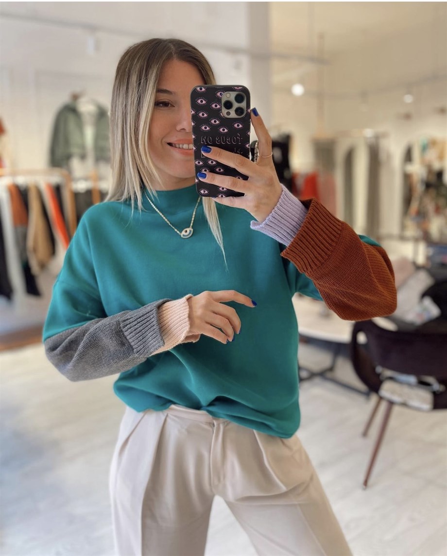 Yeşil Kol Renk Bloklu Sweat · 3