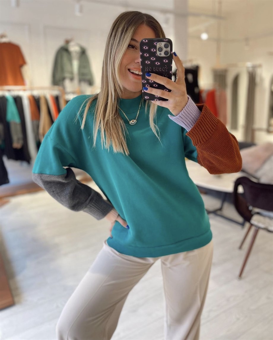 Yeşil Kol Renk Bloklu Sweat · 2