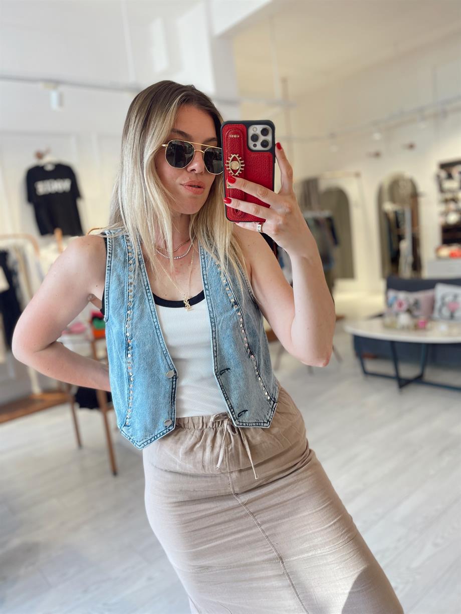 Zımba Detaylı Denim Yelek