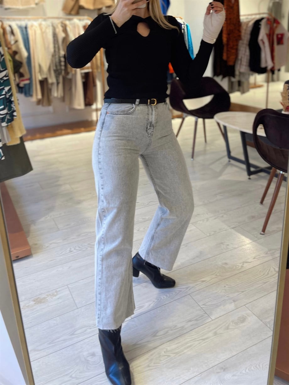 ZR Açık Gri Wide Leg Kesik Paça Jean