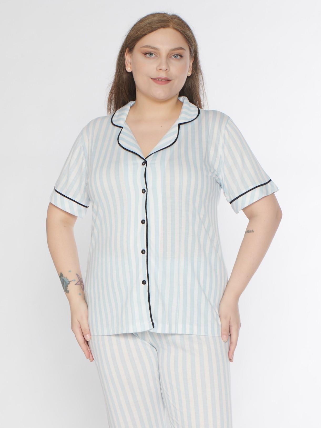 BOYDAN DÜĞMELİ BATTAL BÜYÜK BEDEN ÇİZGİLİ KISA KOL PİJAMA TAKIMI ALPERİ B780-26