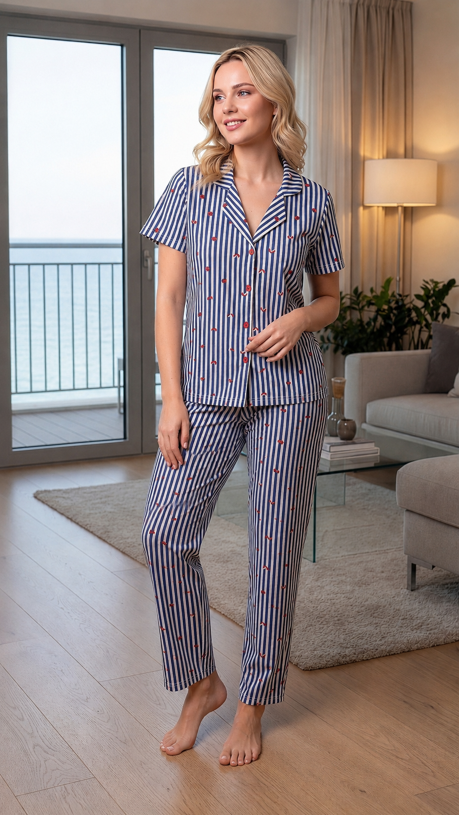 Kadın Yazlık Çizgili Uğur Böcekli Viskon Boydan Düğmeli Pijama Takımı | Çok Satan Şık Model 780-120