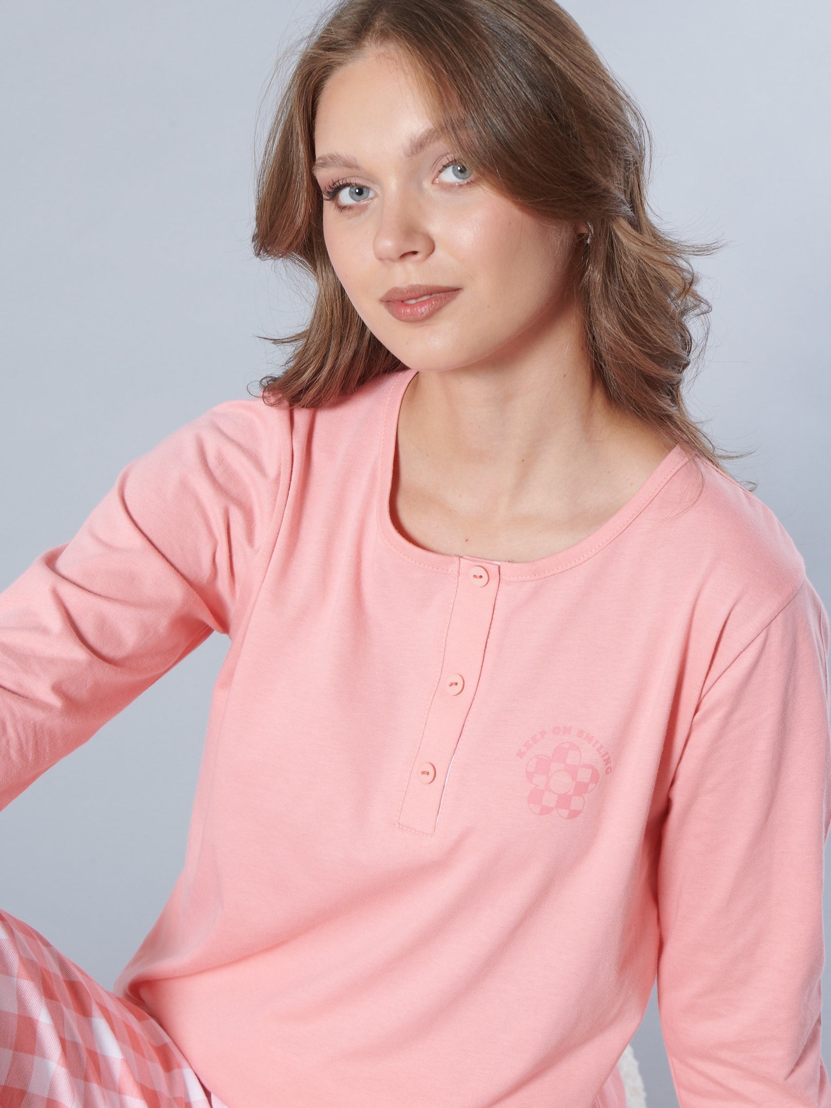 Kadın Pamuk Pijama Takımı Uzun Kollu Patlı Yaka Desenli Rahat Homewear 79-117