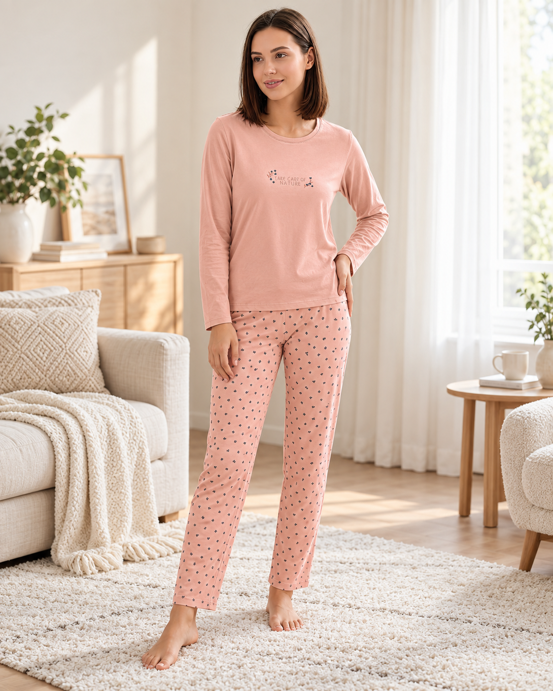 Kadın Viskon Pijama Takımı Uzun Kollu Bisiklet Yaka Desenli Pantolon Modern Homewear Ev Giyim 79-157