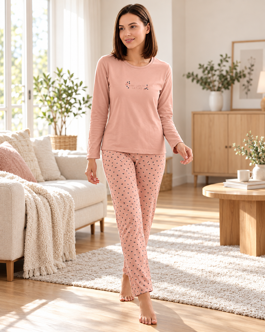 Kadın Viskon Pijama Takımı Uzun Kollu Bisiklet Yaka Desenli Pantolon Modern Homewear Ev Giyim 79-157