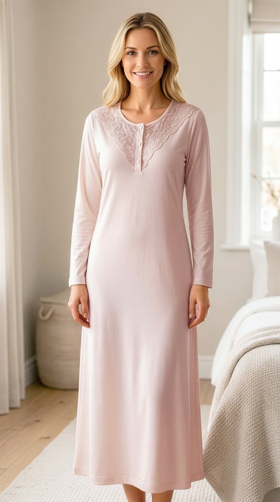 Dantel Detaylı Uzun Kollu Kadın Gecelik – Yumuşak Viskon Kumaş, Şık ve Rahat Ev Giyim FLZ  39-38