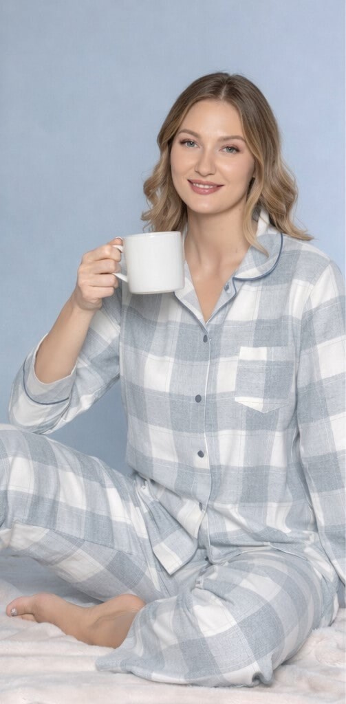 Kadın Kışlık Kalın Dokuma Ekose Pijama Takımı – Düğmeli Uzun Kollu Rahat Ev Giyim 09-277