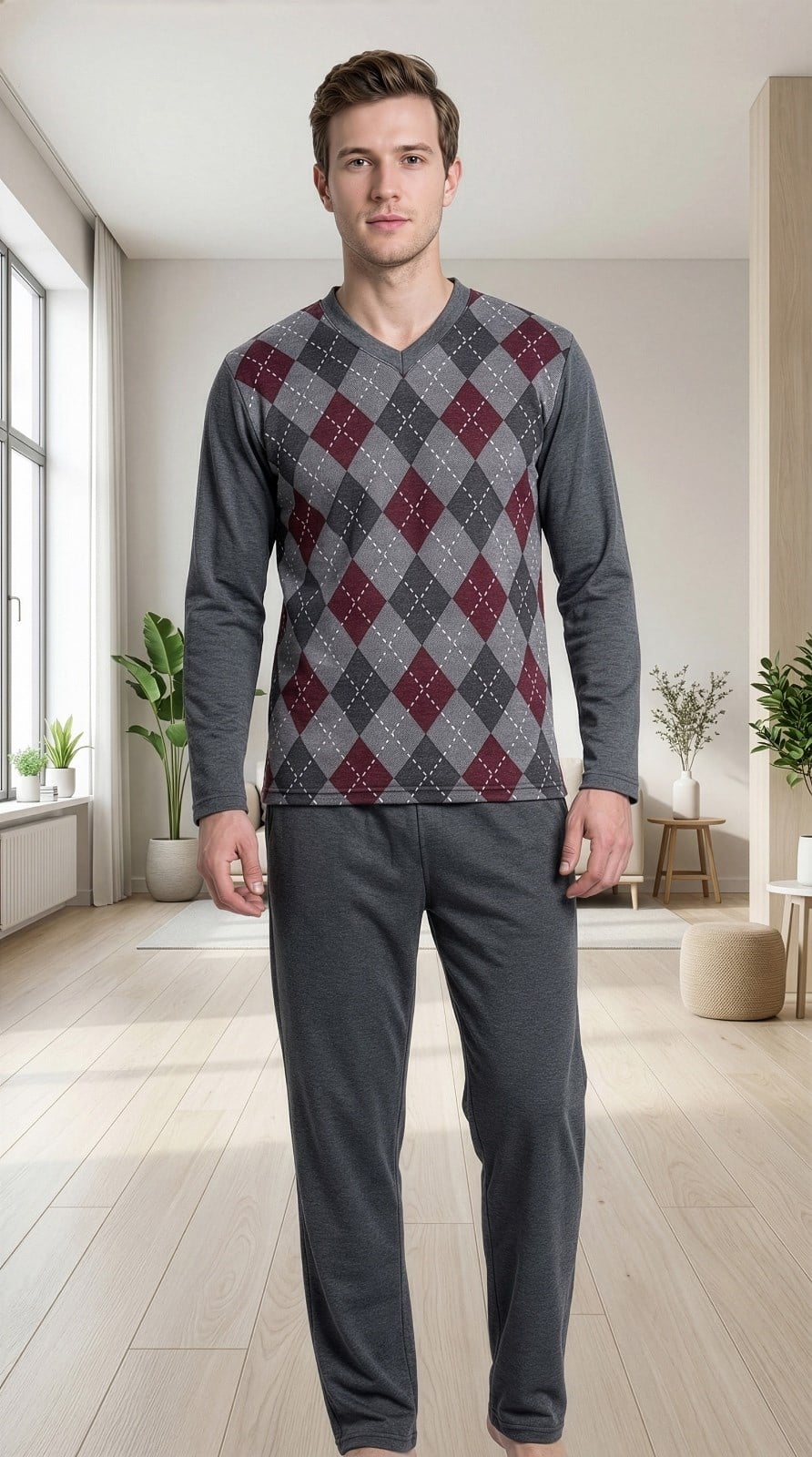 Erkek Uzun Kollu Pijama Takımı Ekose Desenli Rahat Şık Ev Giyim Konfor 18-90