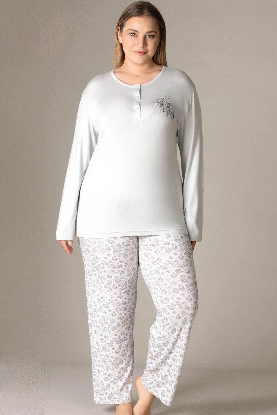 Büyük Beden Pamuklu Pijama Takımı Kadın – Battal Rahat Ev Giyimi B89-77