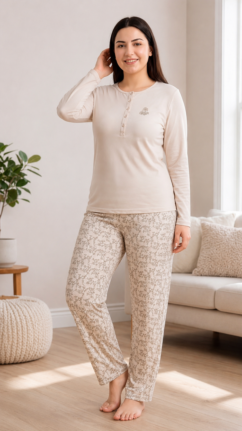 Kadın Kışlık Viskon Pijama Takımı M L XL XXL | Uzun Kollu Boydan Düğmeli Şık Ev GiyimI B89-100