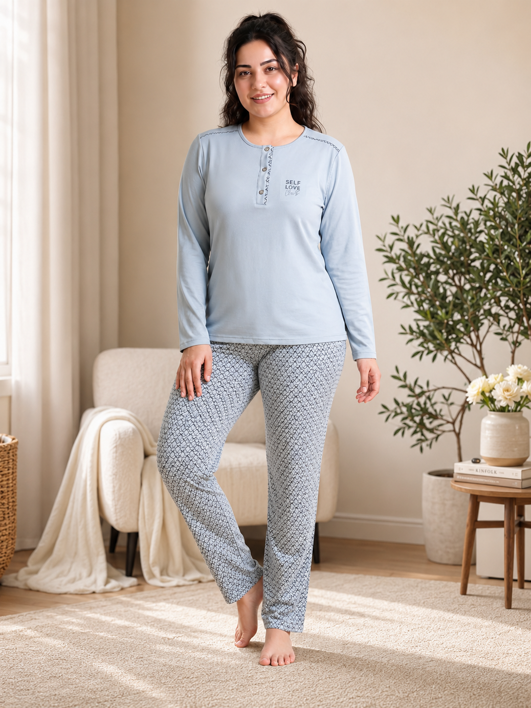 Kadın Büyük Beden Kışlık Viskon Pijama Takımı 3XL 4XL 5XL 6XL | Uzun Kollu 3 Düğmeli B89-101