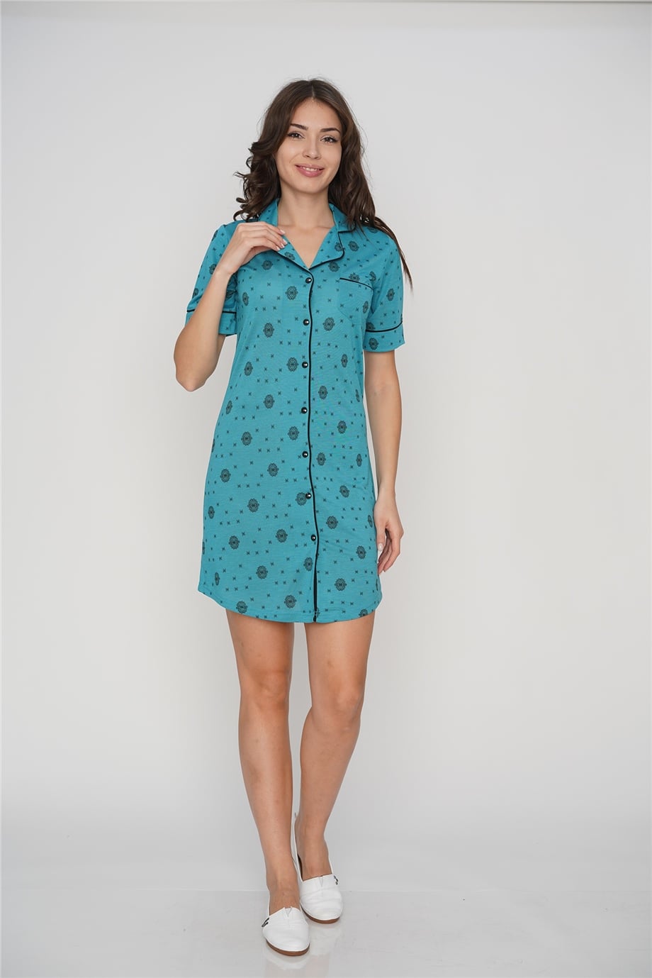 YAZLIK BOYDAN DÜĞMELİ DESENLİ GECELİK ELBİSE TUNİK FLZ 38-347