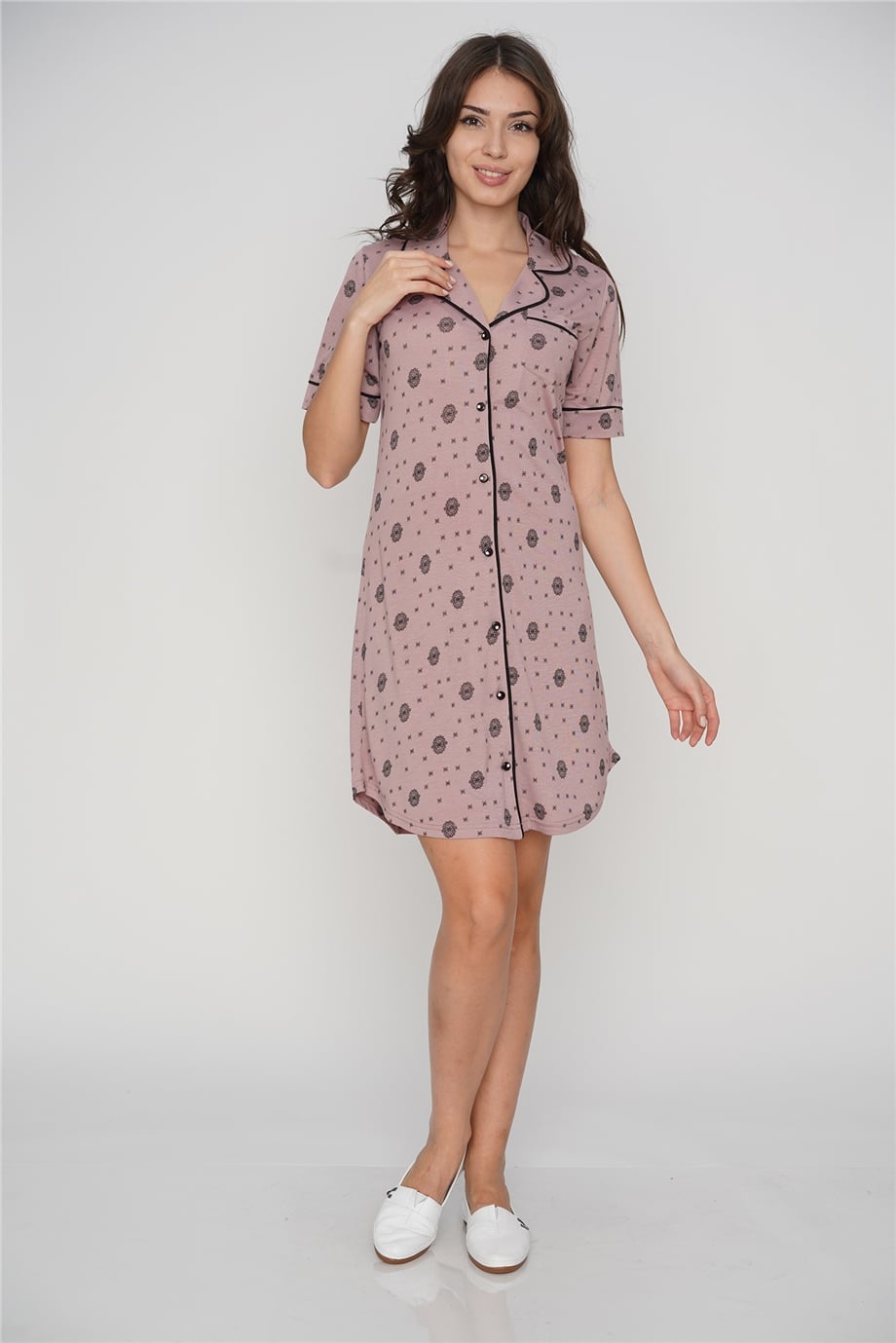 YAZLIK BOYDAN DÜĞMELİ DESENLİ GECELİK ELBİSE TUNİK FLZ 38-347
