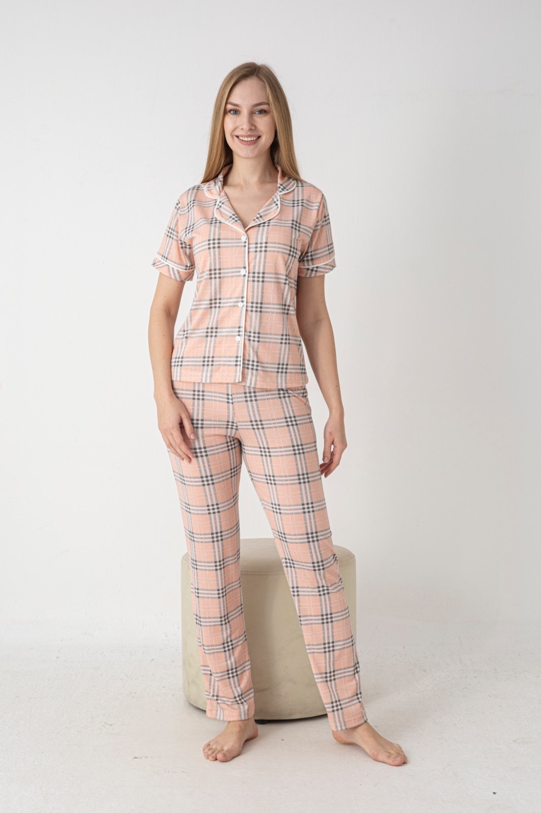 Kadın Ekose Pijama Takımı – Boydan Düğmeli Rahat Ev Giyim Takımı | FLZ 88-133