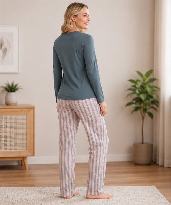 FLZ Kadın Kışlık Viskon Pijama Takımı Uzun Kollu V Yaka Rahat Kalıp M L XL XXL 89-161