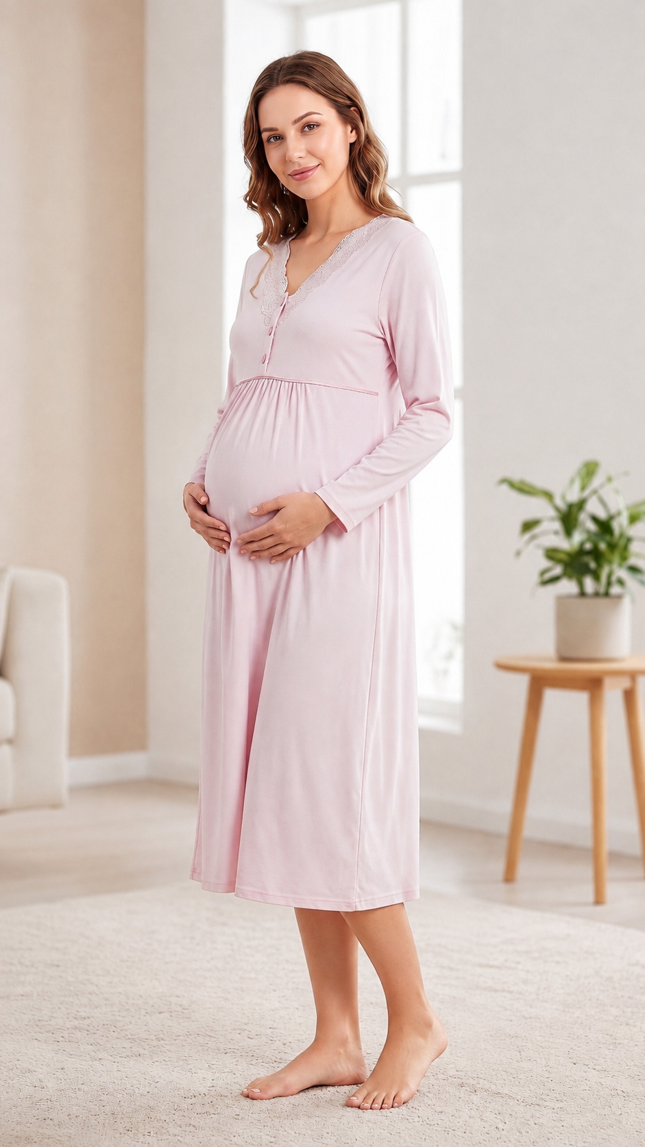 Kadın Hamile Lohusa Viskon Gecelik Mevsimlik Uzun Kollu Dantelli Emzirme Detaylı M L XL XXL 23-60