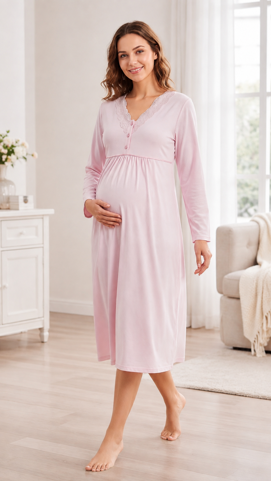 Kadın Hamile Lohusa Viskon Gecelik Mevsimlik Uzun Kollu Dantelli Emzirme Detaylı M L XL XXL 23-60