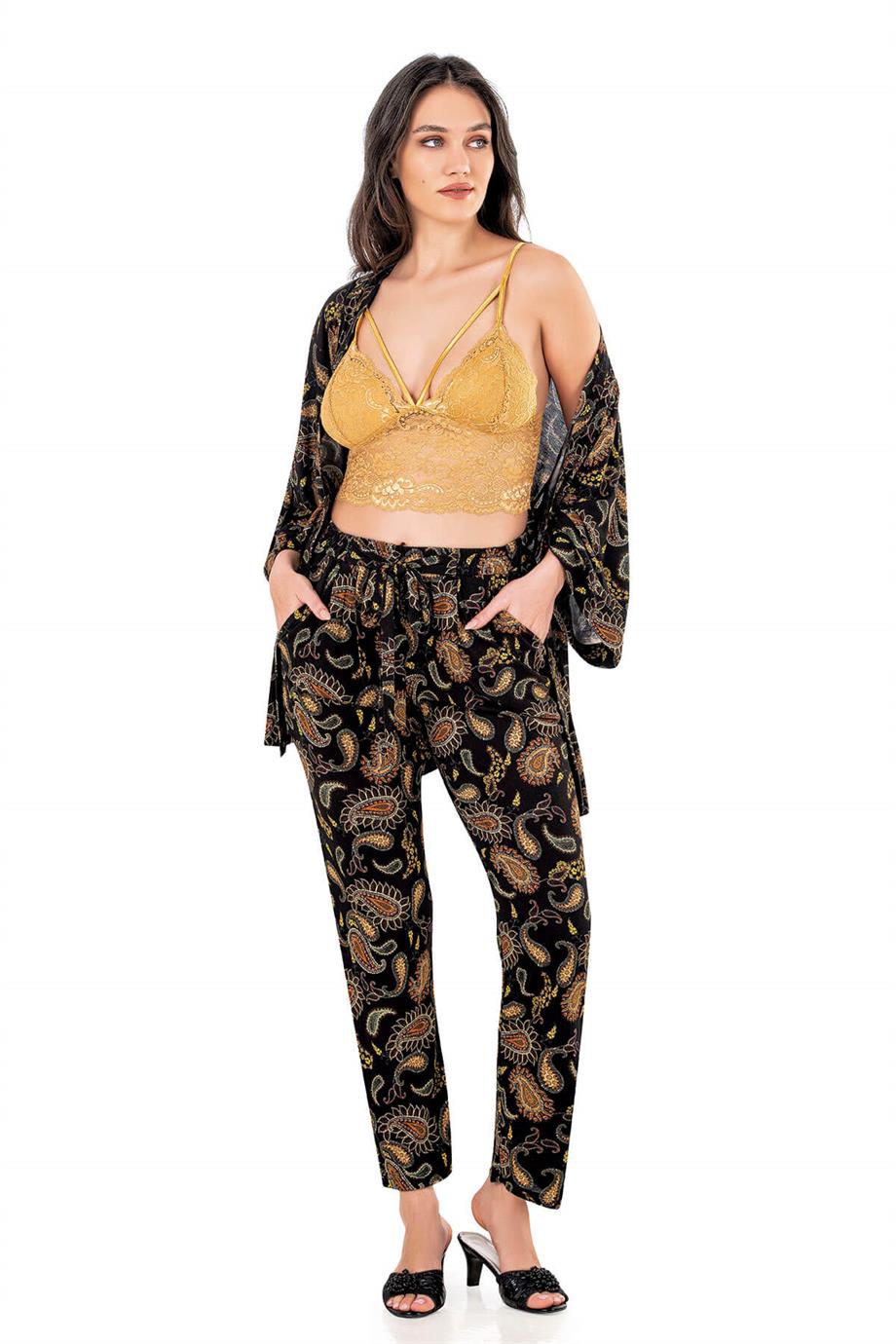 KADIN YAZLIK BRALETLİ SABAHLIKLI PİJAMA ÜÇLÜ TAKIM HOMEWEAR FLZ 31-66