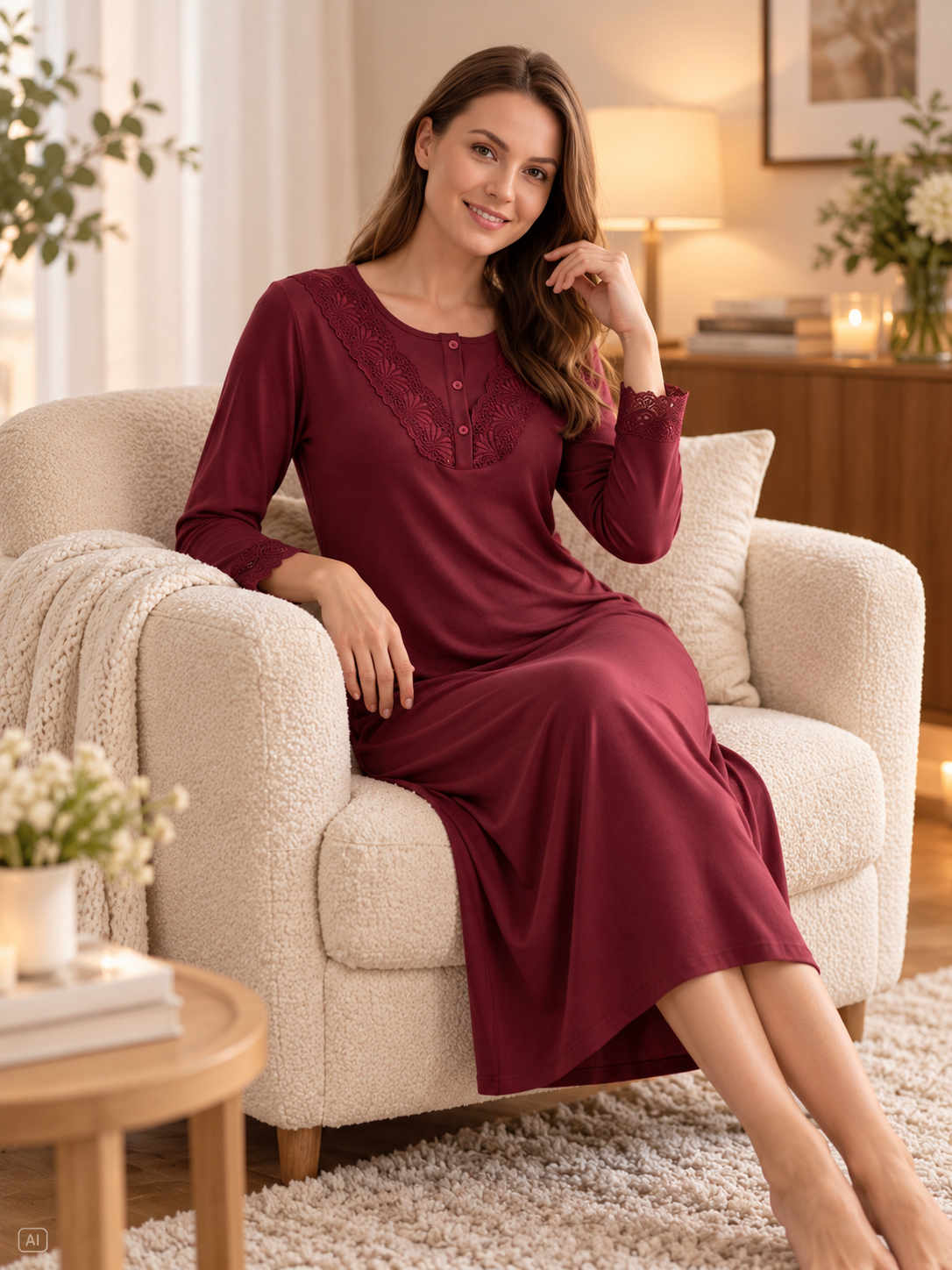 Kadın Viskon Gecelik Uzun Kollu Dantel Detaylı Diz Altı Şık Homewear 39-41