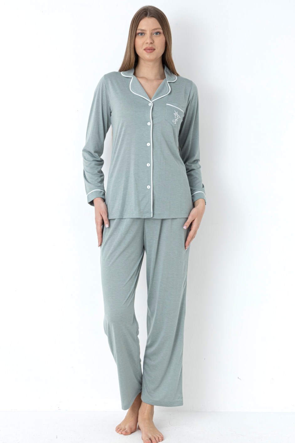 Boydan Düğmeli Uzun Kol Pijama Takımı Rahat Örme Kumaş Ev Giyim FLZ 89-122