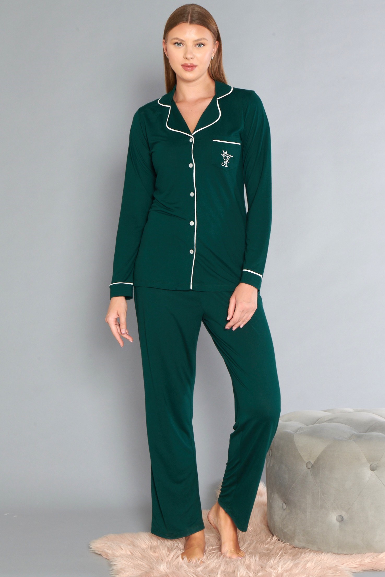 Boydan Düğmeli Uzun Kol Pijama Takımı Rahat Örme Kumaş Ev Giyim FLZ 89-122