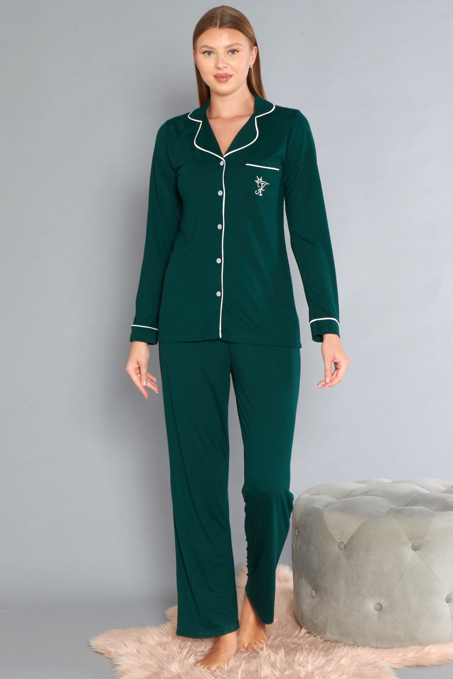 Boydan Düğmeli Uzun Kol Pijama Takımı Rahat Örme Kumaş Ev Giyim FLZ 89-122