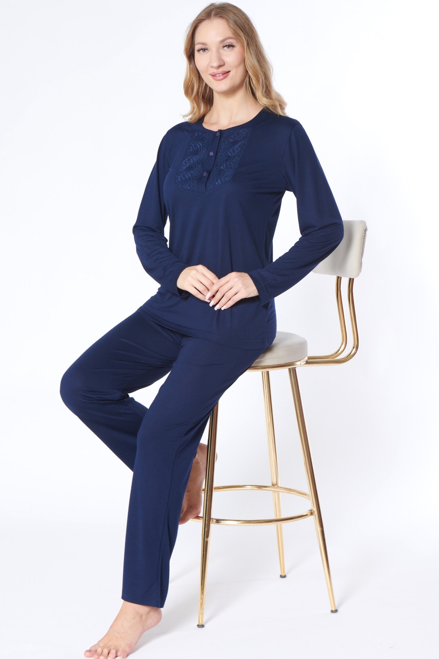 FLZ Dantel Detaylı Viskon Kadın Pijama Takımı Uzun Kollu Rahat Ev Giyim FLZ 89-136