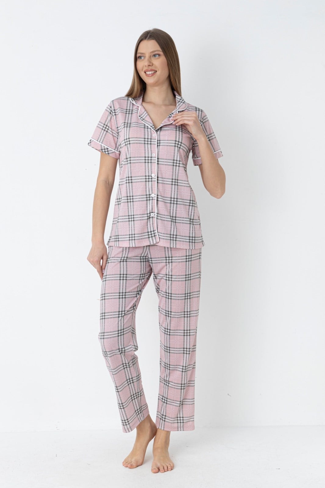 Kadın Ekose Pijama Takımı – Boydan Düğmeli Rahat Ev Giyim Takımı | FLZ 88-133