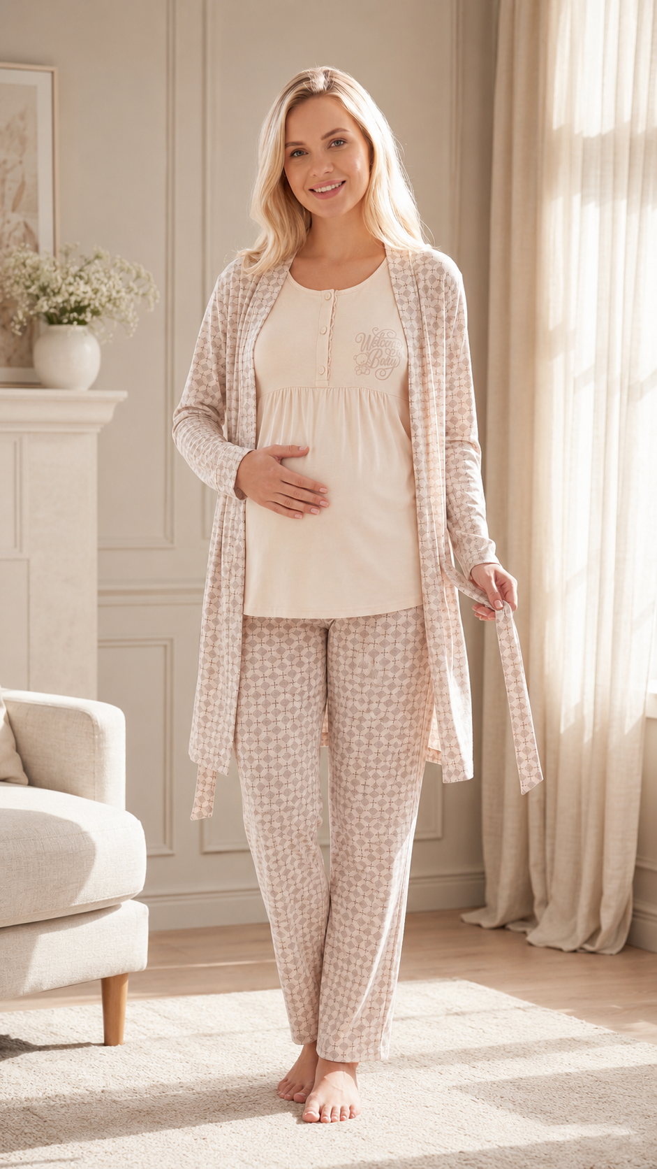 Kadın Lohusa Hamile 3lü Viskon Pijama Takımı Sabahlıklı Uzun Kollu Hastane Çıkışı M L XL XXL 31-152