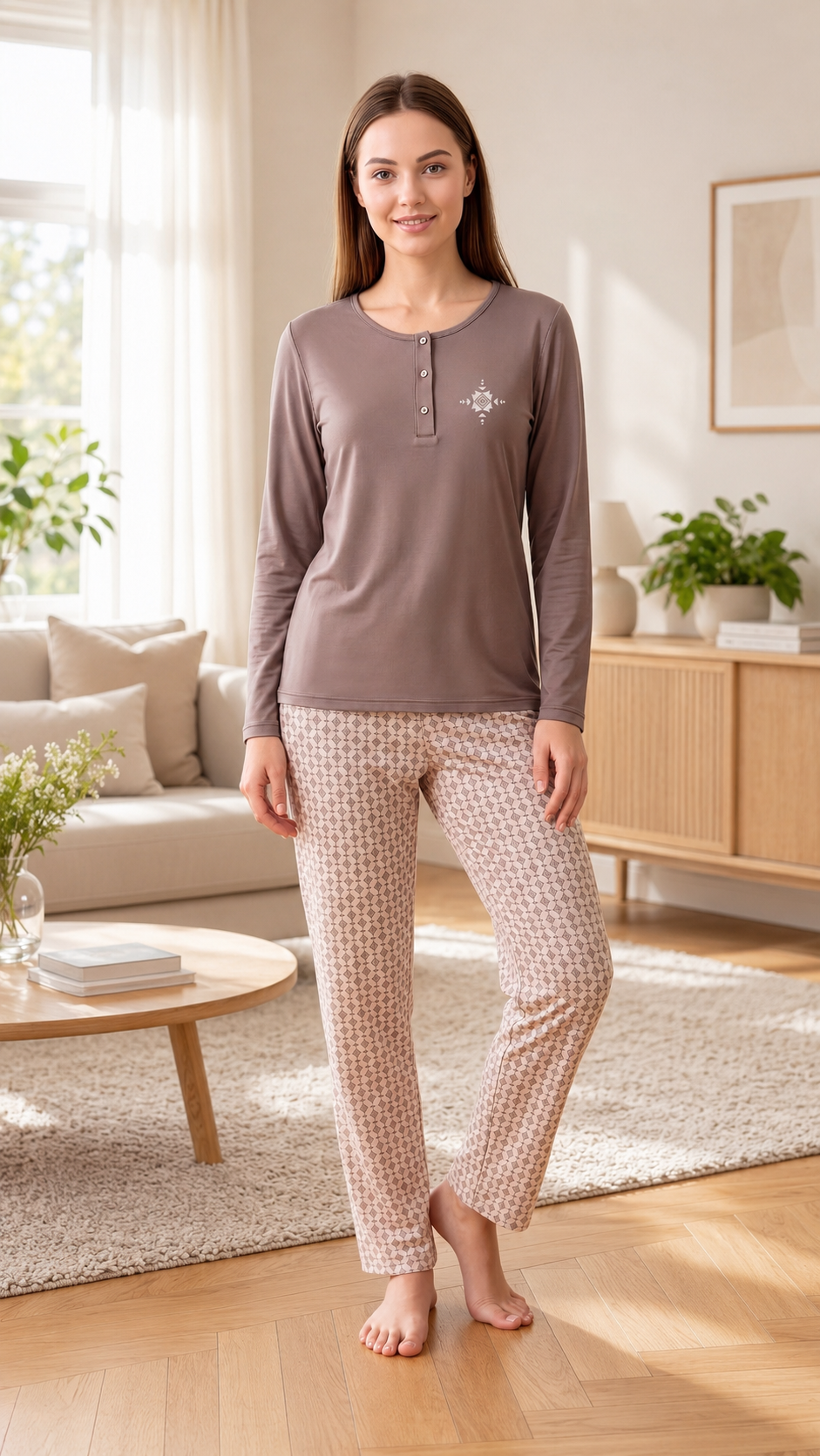 Kadın Viskon Pijama Takımı Kışlık Uzun Kollu Patlı Düğmeli Yaka Rahat Şık Pijama M L XL XXL 89-159