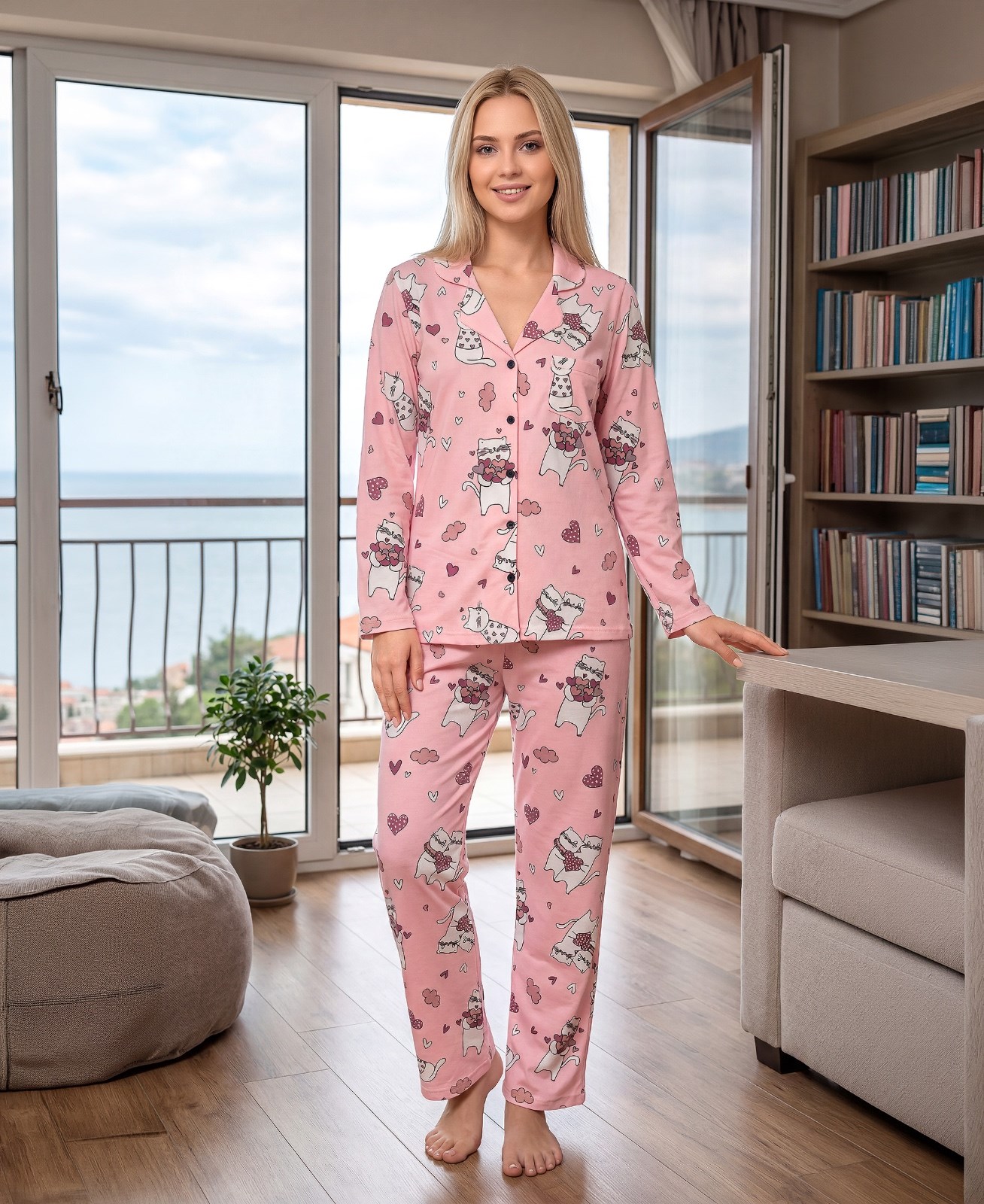 Kadın Viskon Pijama Takımı Mevsimlik Uzun Kollu Boydan Düğmeli Desenli Pijama S M L XL 79-133