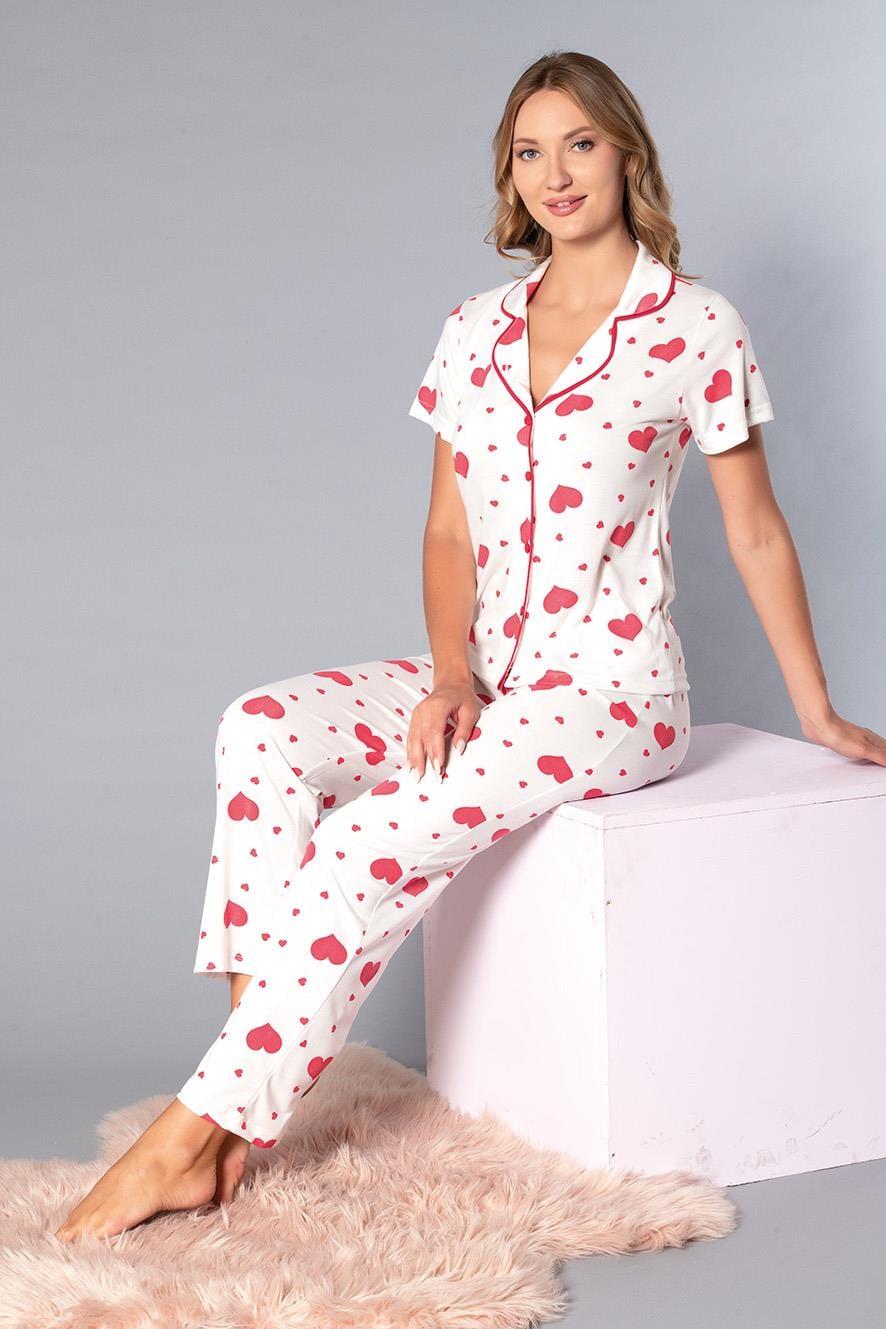 Boydan Düğmeli Kısa Kollu Gömlek Pijama Takımı - Yazlık Kalp Desenli Yumuşak Milan Kumaş - Poppy 58-06