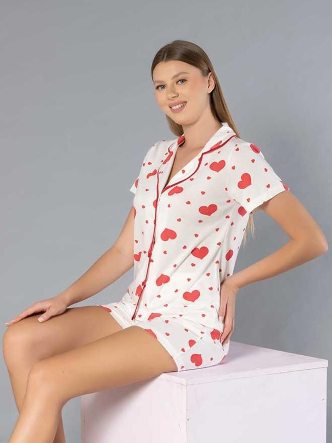 Boydan Düğmeli Kısa Kollu Şort Takım - Yazlık Kalp Desenli Yumuşak Milan Kumaş - M, L, XL, XXL Poppy 56-02