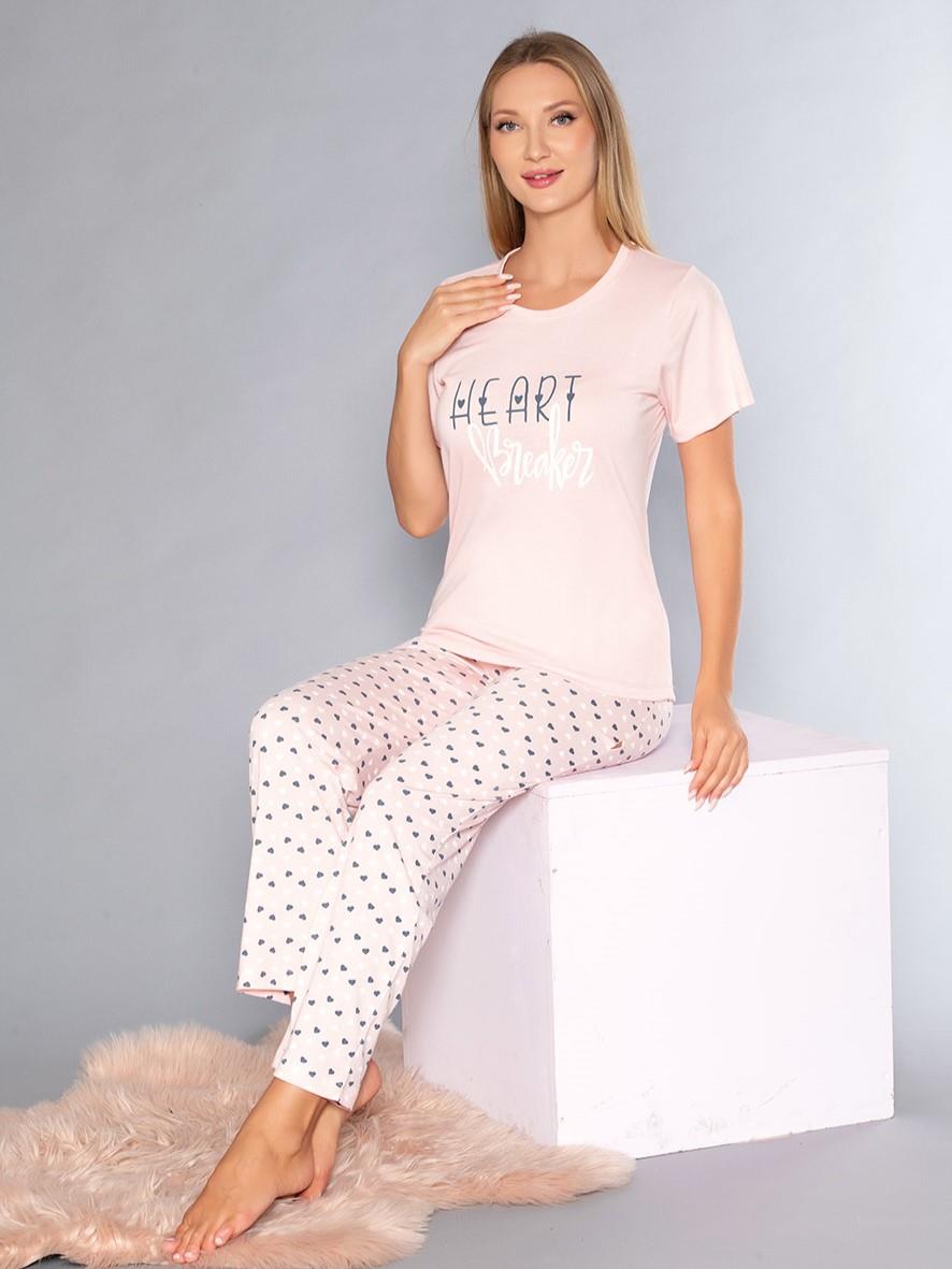 Kısa Kollu Bisiklet Yaka Pijama Takımı - Yazlık Kalp Desenli Yumuşak Milan Kumaş - Poppy 58-02