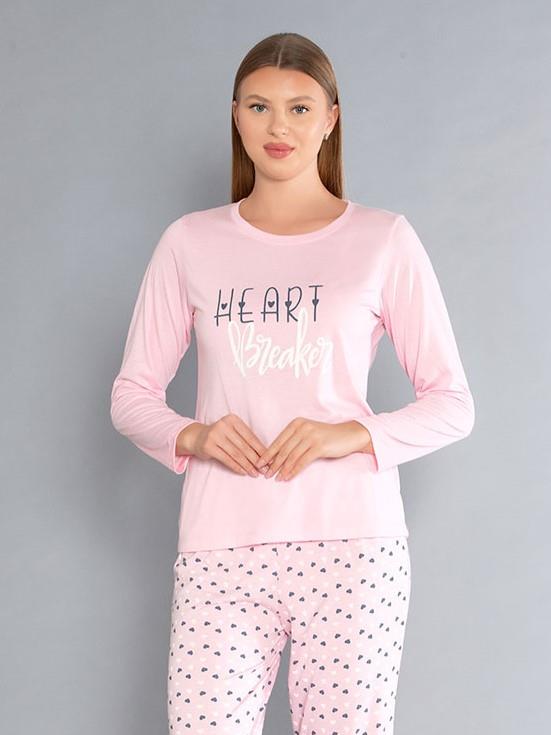 Uzun Kollu Bisiklet Yaka Pijama Takımı - Yazlık Kalp Desenli Yumuşak Milan Kumaş - Poppy 59-01 (M, L, XL, XXL)
