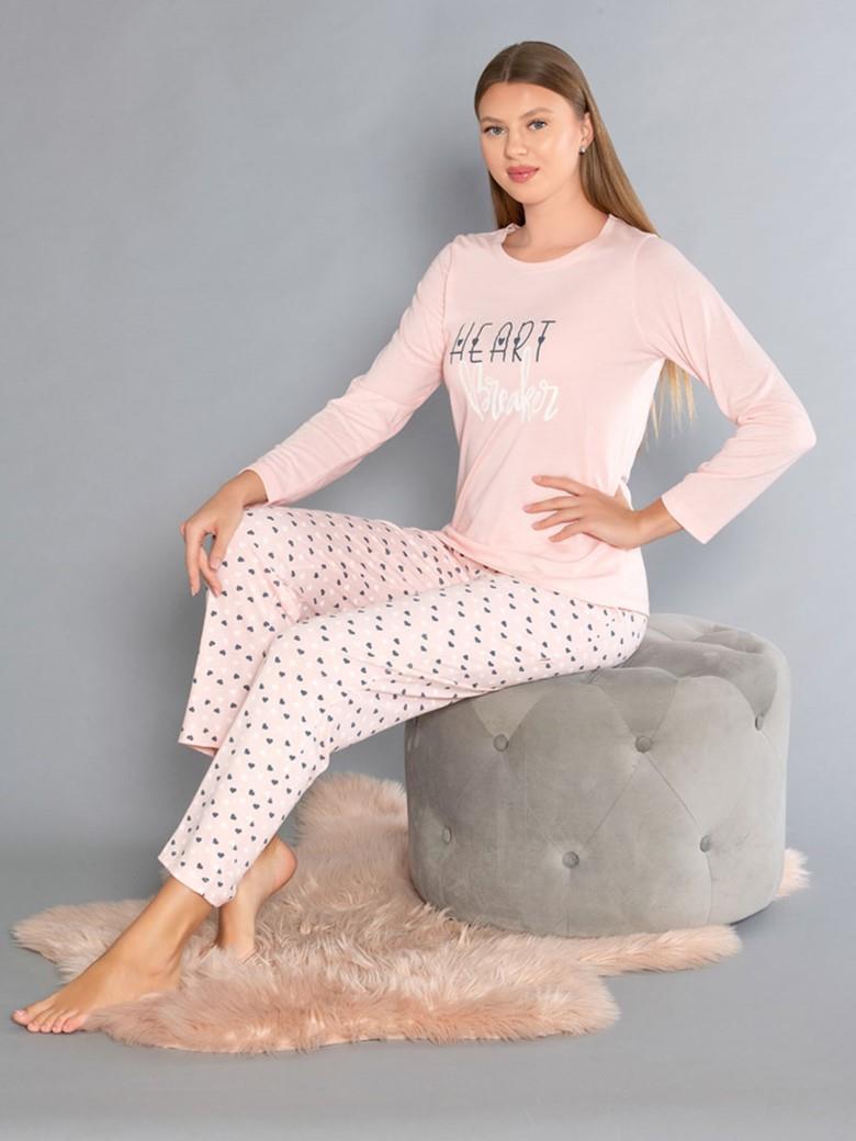 Uzun Kollu Bisiklet Yaka Pijama Takımı - Yazlık Kalp Desenli Yumuşak Milan Kumaş - Poppy 59-01 (M, L, XL, XXL)
