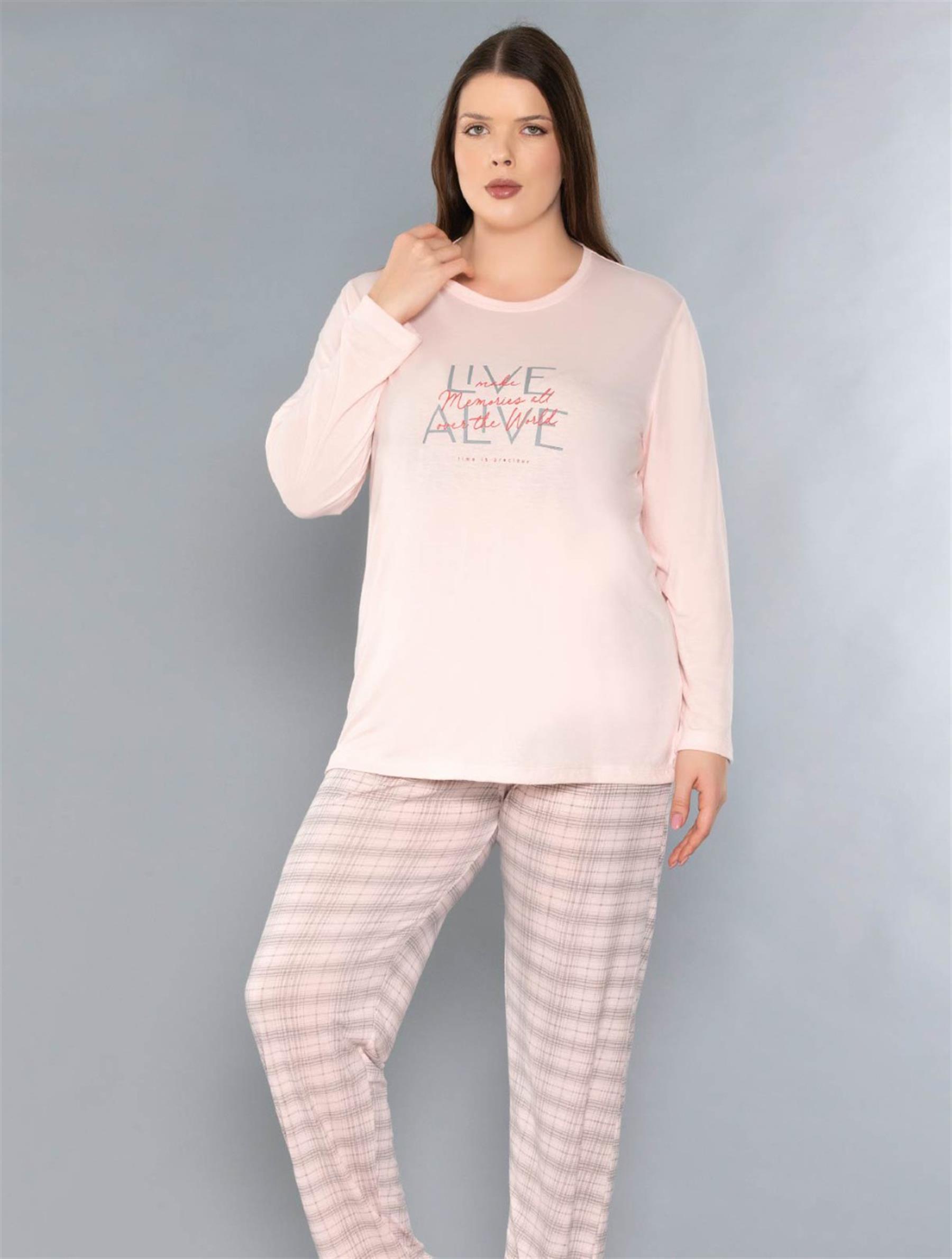 BÜYÜK BEDEN BATTAL UZUN KOL MEVSİMLİK PİJAMA TAKIMI VİSKON ALPERİ B790-35