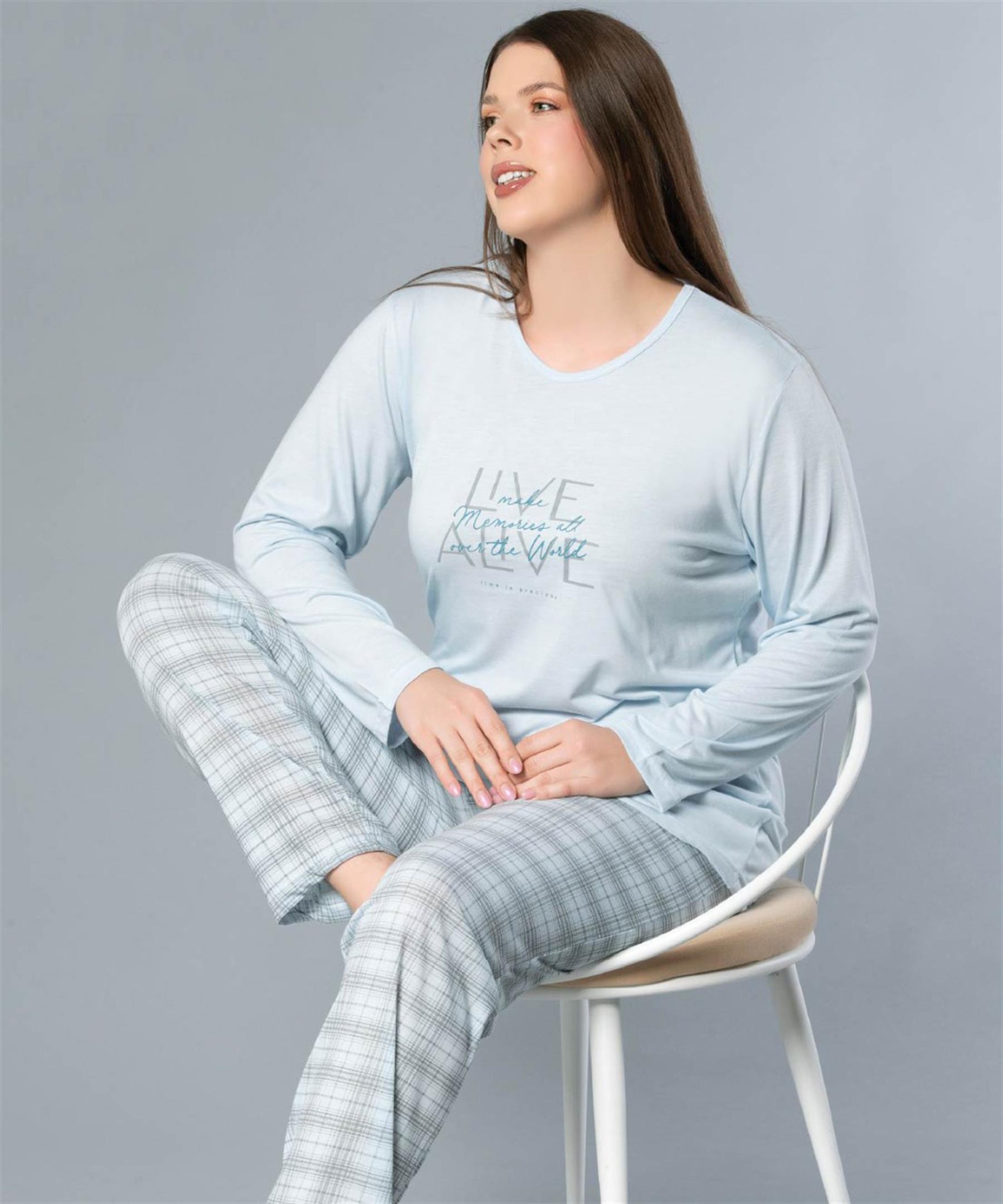 BÜYÜK BEDEN BATTAL UZUN KOL MEVSİMLİK PİJAMA TAKIMI VİSKON ALPERİ B790-35