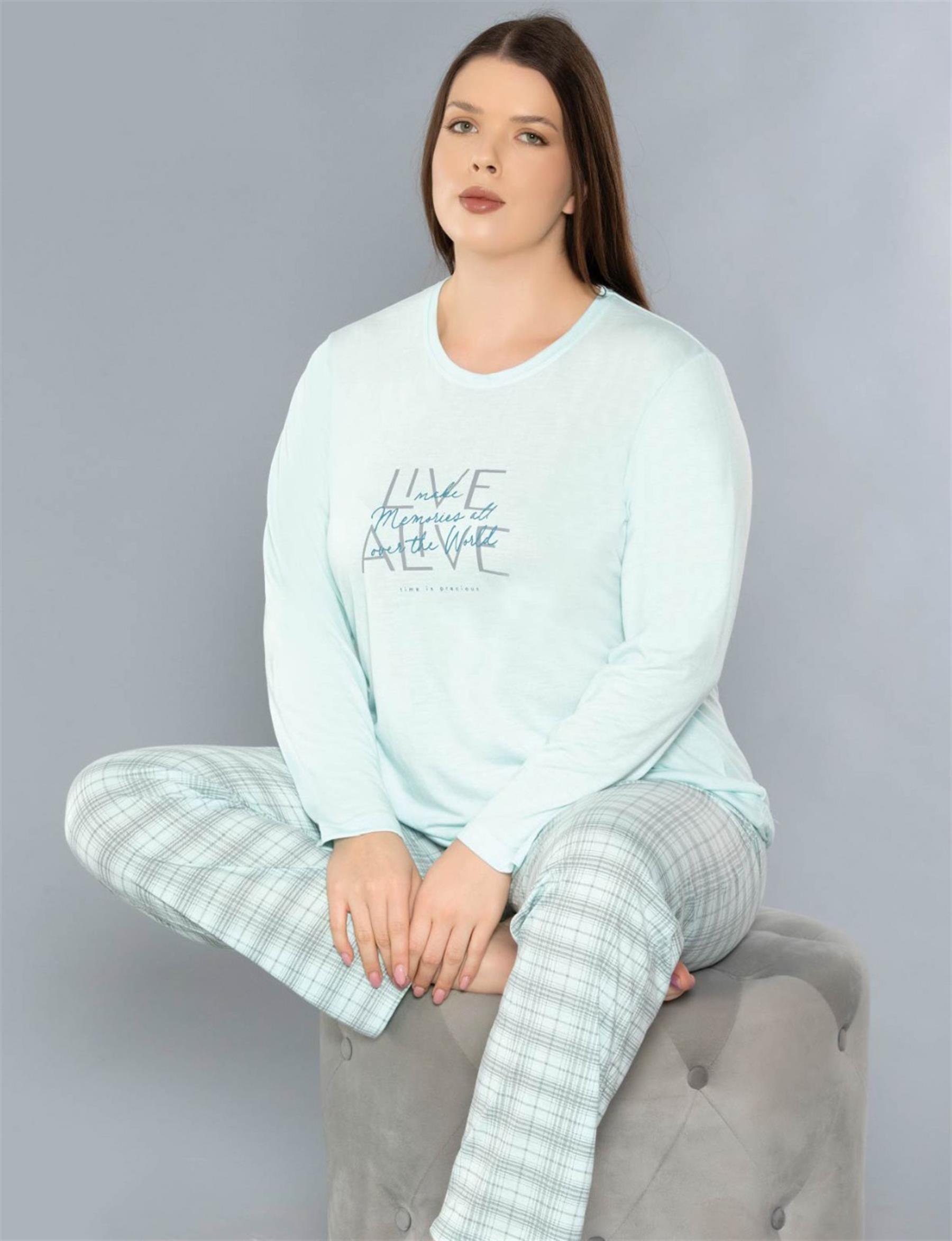 BÜYÜK BEDEN BATTAL UZUN KOL MEVSİMLİK PİJAMA TAKIMI VİSKON ALPERİ B790-35