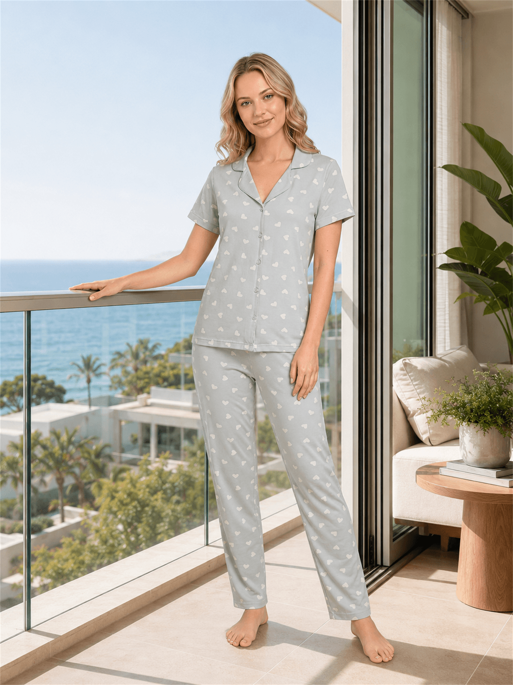Kadın Yazlık Kalp Desenli Boydan Düğmeli Kısa Kollu Pijama Takımı Alperi 78-111