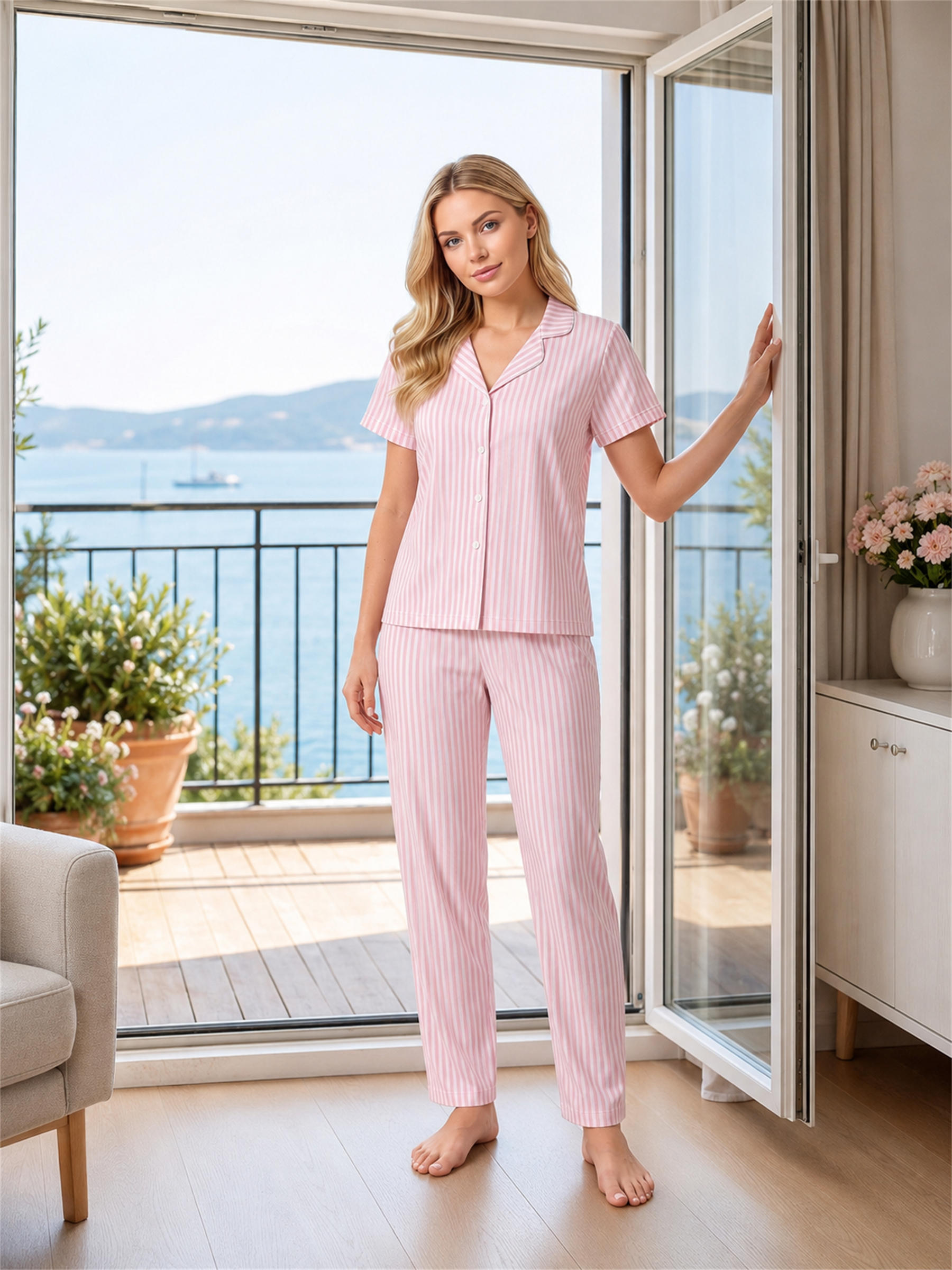 Kadın Yazlık Çizgili Boydan Düğmeli Pijama Takımı Alperi 780-112