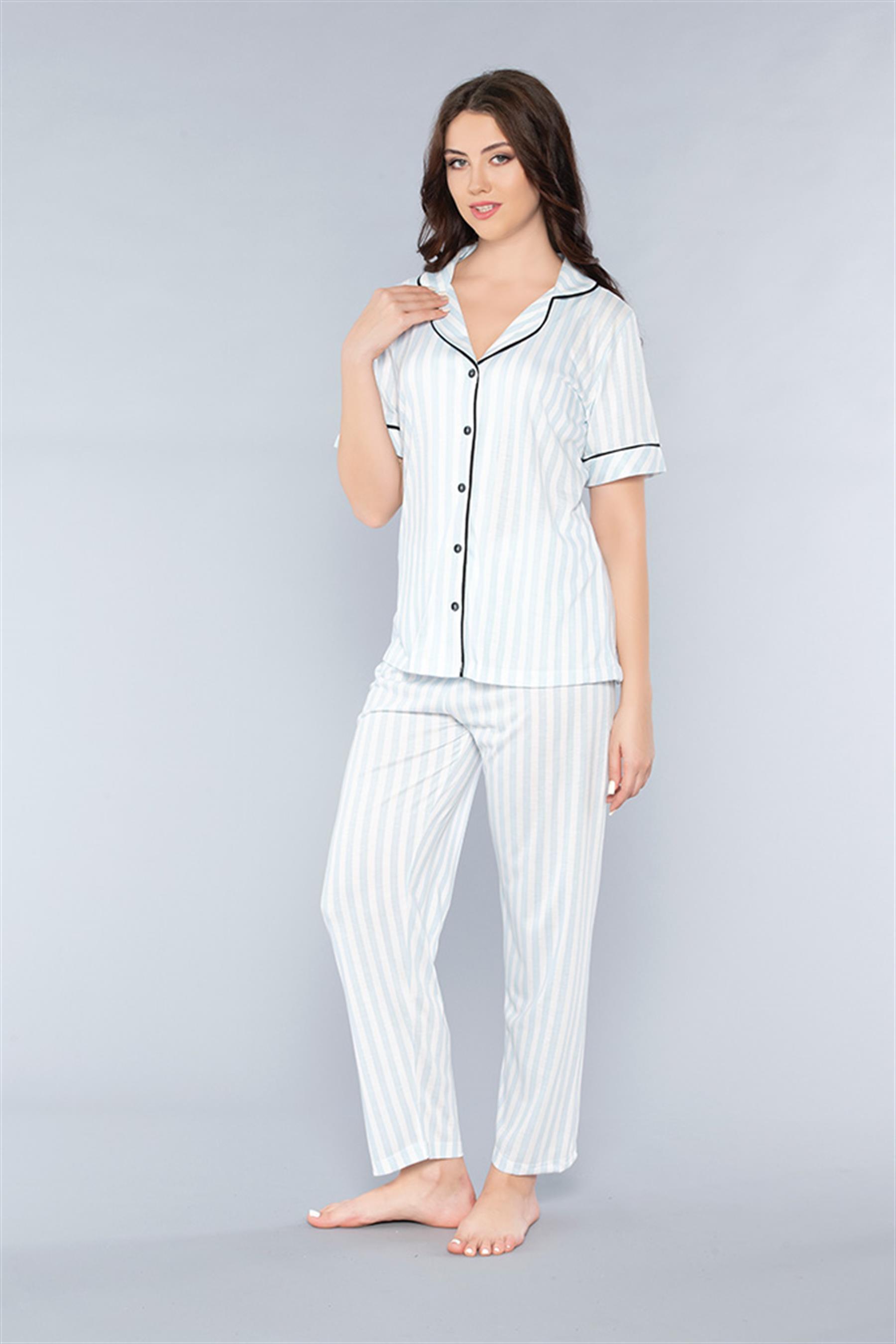 BOYDAN DÜĞMELİ KISA KOL ÇİZGİLİ PİJAMA TAKIMI MEVSİMLİK VİSKON APERİ 780-37