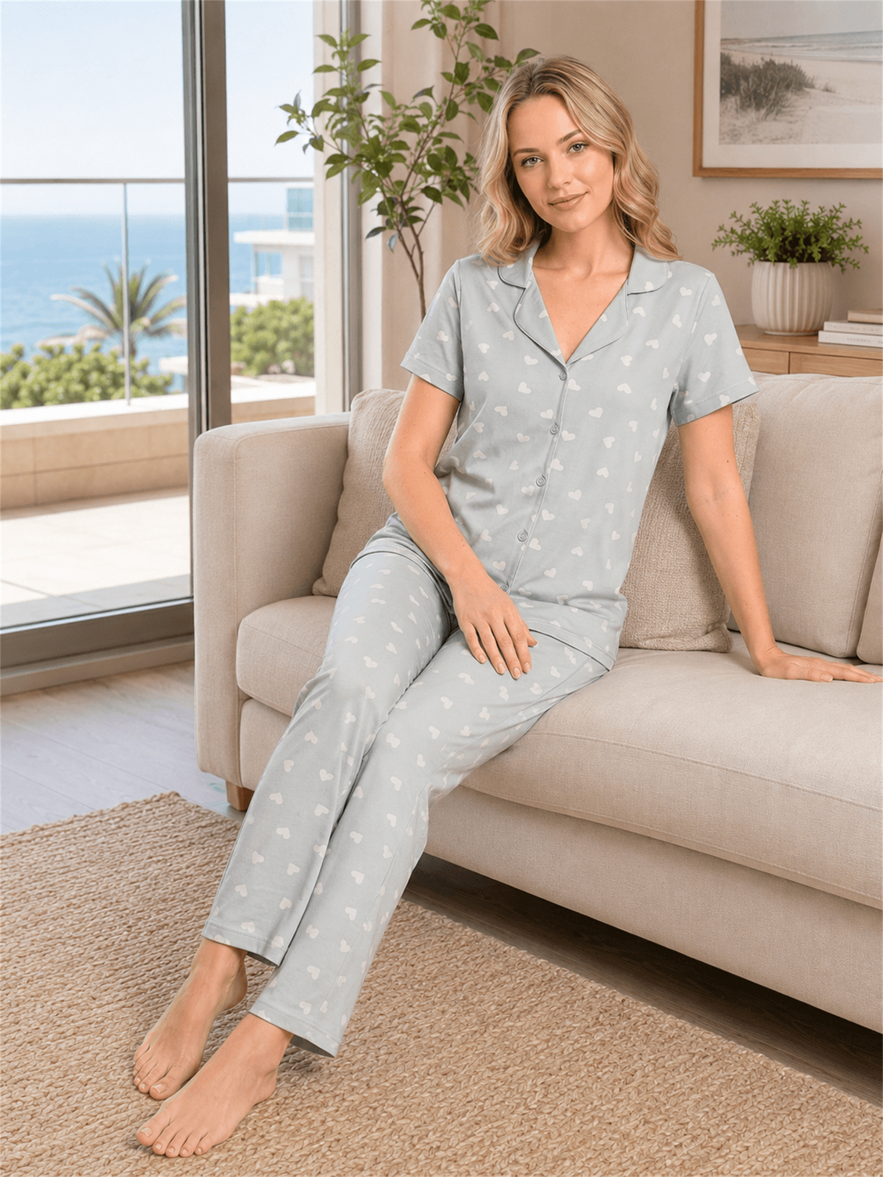 Kadın Yazlık Kalp Desenli Boydan Düğmeli Kısa Kollu Pijama Takımı Alperi 78-111