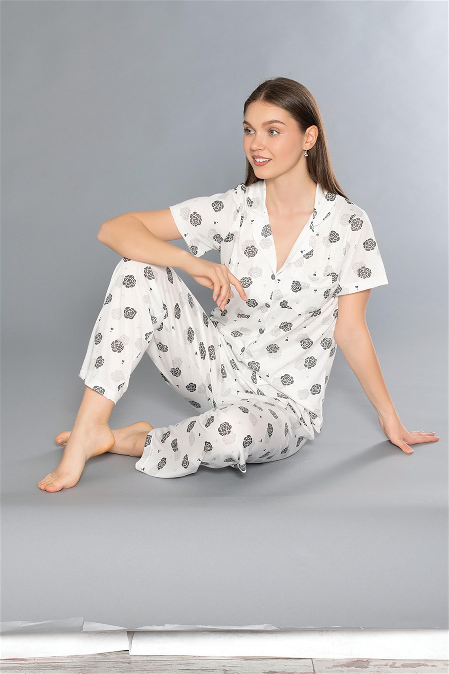 BOYDAN DÜĞMELİ KISA KOL KALP DESENLİ PİJAMA TAKIMI ALPERİ 780-51